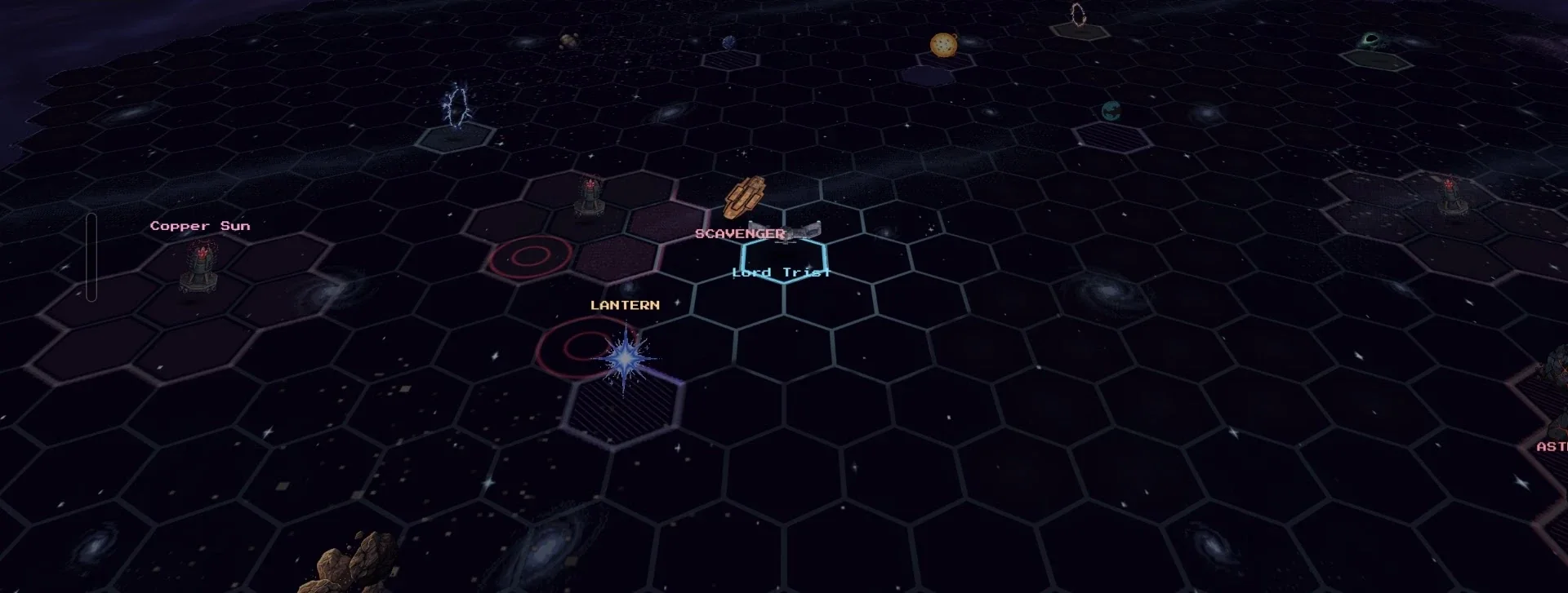The galaxy map: a hex grid of stars and planets, a Scavenger ship one hex from the player, and a lantern beacon nearby